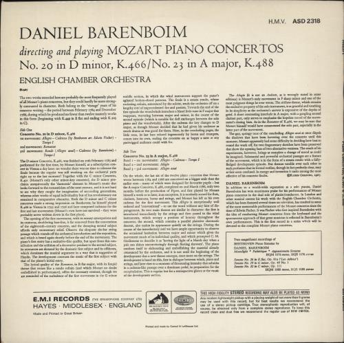 Daniel Barenboim Mozart: Piano Concertos - 4th vinyl LP album (LP record) UK H39LPMO863749