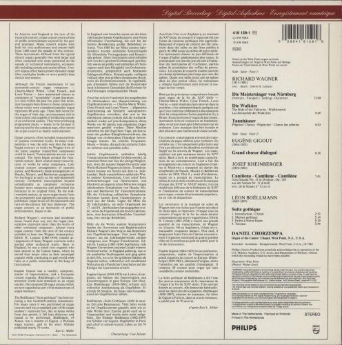 Daniel Chorzempa Wagner, Boellmann, Rheinberger Organ Works vinyl LP album (LP record) Dutch H9NLPWA863867