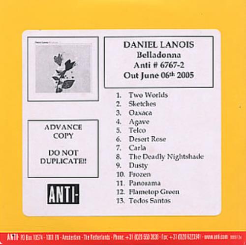 Daniel Lanois Belladonna CD-R acetate Dutch DNLCRBE329006