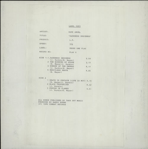 Dark Angel Darkness Descends - Test Pressing vinyl LP album (LP record) UK DK-LPDA600542