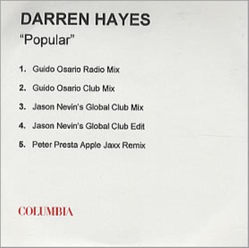 Darren Hayes Popular CD-R acetate UK DHYCRPO305004