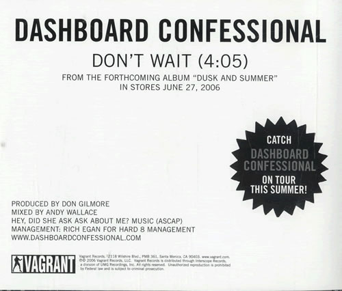 Dashboard Confessional Don't Wait CD single (CD5 / 5") US DACC5DO486177