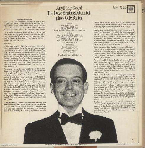 Dave Brubeck Anything Goes! vinyl LP album (LP record) US DBRLPAN880502