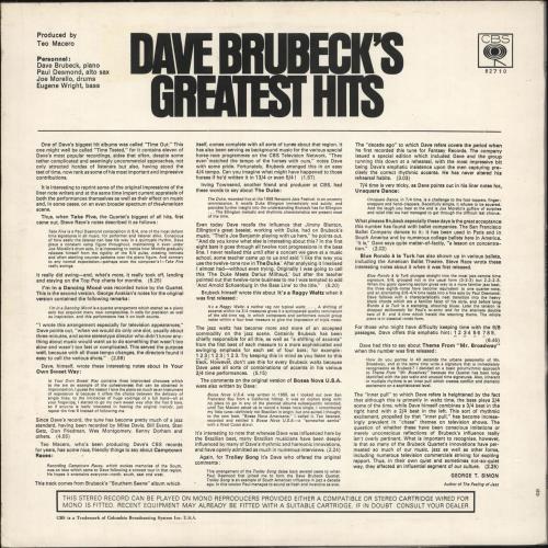 Dave Brubeck Dave Brubeck's Greatest Hits vinyl LP album (LP record) UK DBRLPDA721024