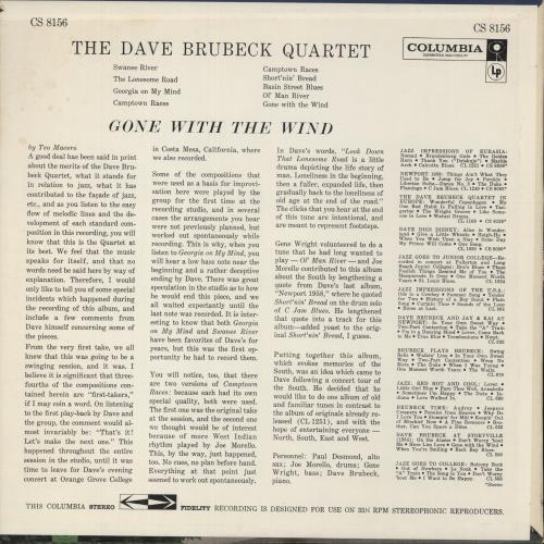 Dave Brubeck Gone With The Wind vinyl LP album (LP record) US DBRLPGO876121