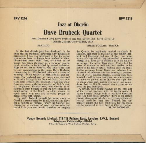 Dave Brubeck Jazz At Oberlin 7" vinyl single (7 inch record / 45) UK DBR07JA548948