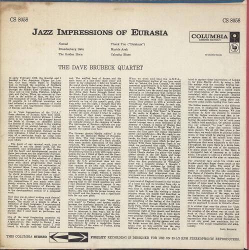 Dave Brubeck Jazz Impressions Of Eurasia vinyl LP album (LP record) US DBRLPJA876125