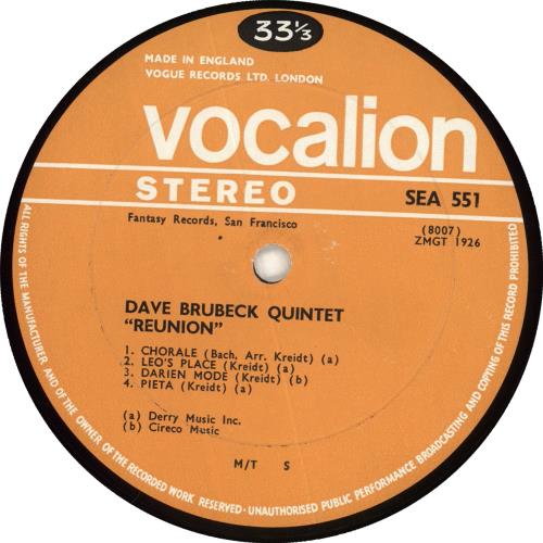 Dave Brubeck Reunion vinyl LP album (LP record) UK DBRLPRE707733