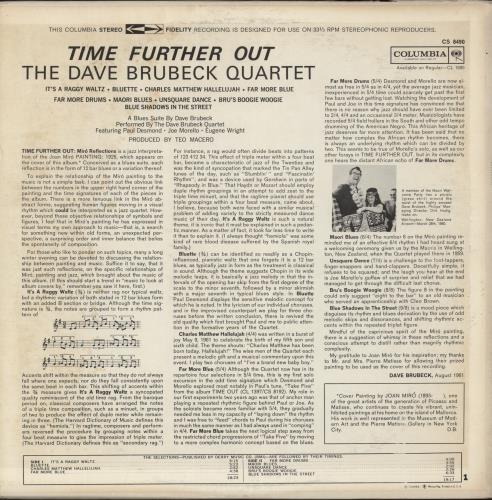 Dave Brubeck Time Further Out vinyl LP album (LP record) US DBRLPTI876191