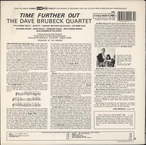 Dave Brubeck Time Further Out vinyl LP album (LP record) US DBRLPTI880702