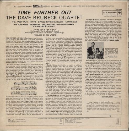 Dave Brubeck Time Further Out vinyl LP album (LP record) US DBRLPTI880705