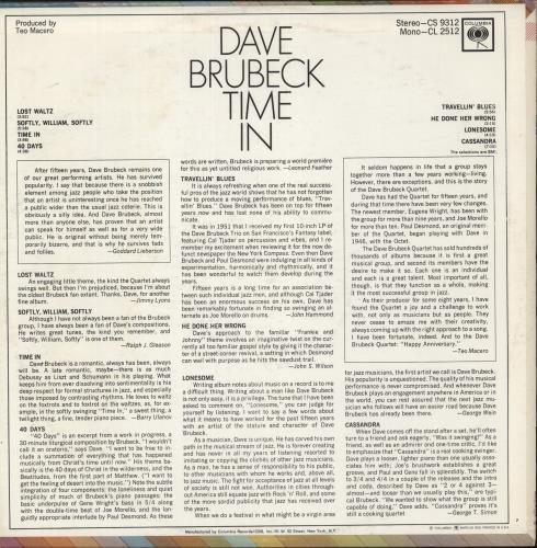 Dave Brubeck Time In vinyl LP album (LP record) US DBRLPTI880710