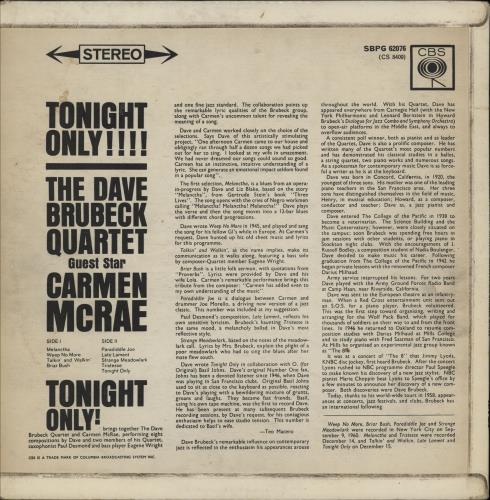 Dave Brubeck Tonight Only! vinyl LP album (LP record) UK DBRLPTO751025