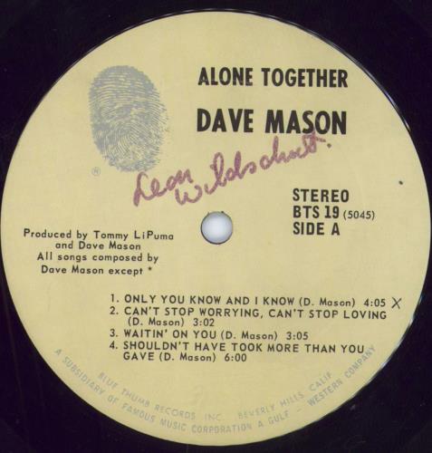 Dave Mason Alone Together vinyl LP album (LP record) US DMSLPAL100587