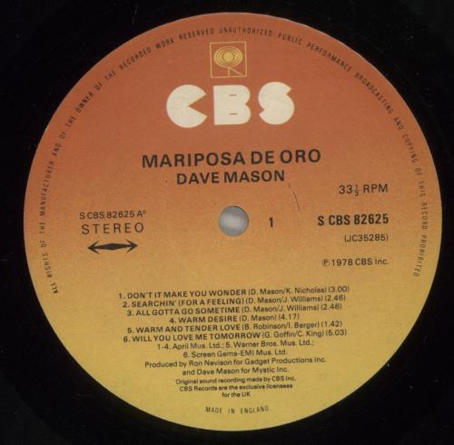 Dave Mason Mariposa De Oro vinyl LP album (LP record) UK DMSLPMA575717