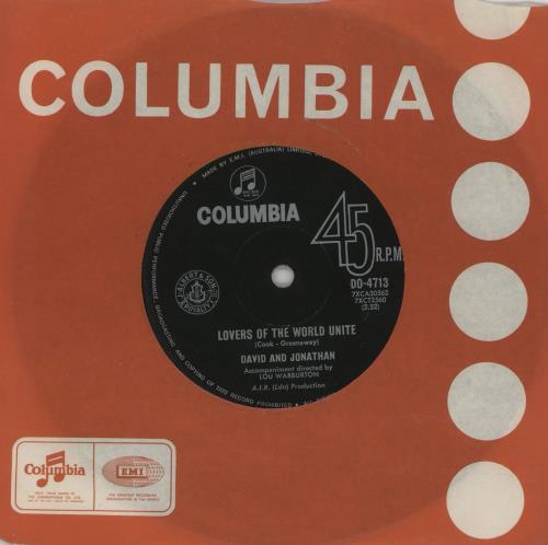 David And Jonathan Lovers Of The World Unite 7" vinyl single (7 inch record / 45) Australian D&J07LO755521