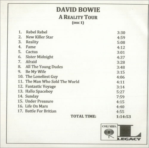 David Bowie A Reality Tour CD-R acetate US BOWCRAR501943