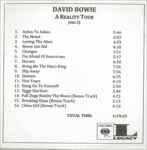 David Bowie A Reality Tour CD-R acetate US BOWCRAR501943