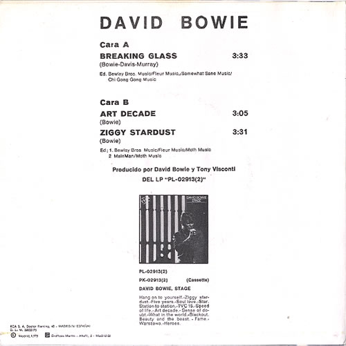David Bowie Breaking Glass 7" vinyl single (7 inch record / 45) Spanish BOW07BR204750