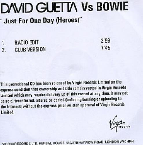 David Bowie Just For One Day (Heroes) CD-R acetate UK BOWCRJU244605