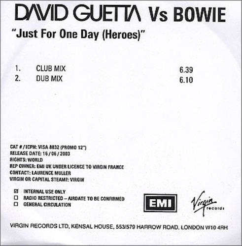 David Bowie Just For One Day [Heroes] CD-R acetate UK BOWCRJU373201