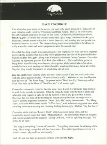 David Coverdale Into The Light media press pack US DCOPPIN173864
