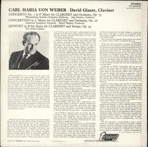 David Glazer Carl Maria Von Weber vinyl LP album (LP record) UK QNYLPCA701256