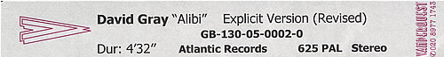 David Gray Alibi video (VHS or PAL or NTSC) UK DGRVIAL358779