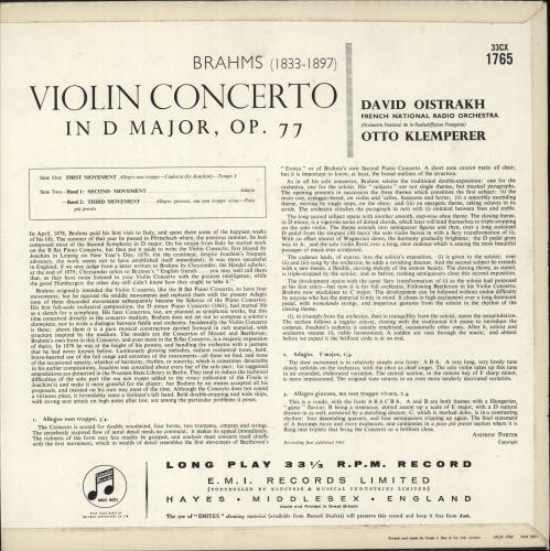 David O�strakh Brahms' Violin Concerto - 1st vinyl LP album (LP record) UK DWVLPBR868408