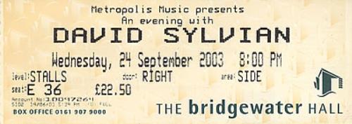 David Sylvian Bridgewater Hall, Manchester concert ticket UK SYLTIBR375374
