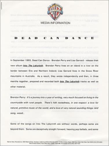 Dead Can Dance Into The Labyrinth media press pack US DCDPPIN134585