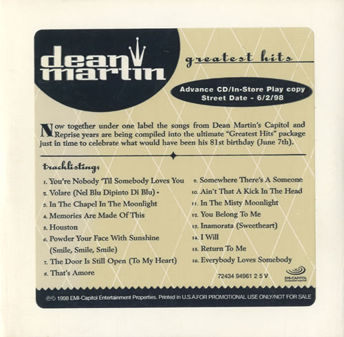 Dean Martin Greatest Hits CD album (CDLP) US 1DMCDGR464416