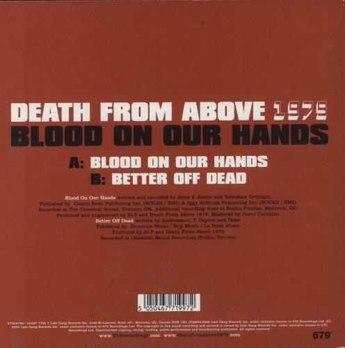 Death From Above 1979 Blood On Our Hands - Red Vinyl 7" vinyl single (7 inch record / 45) UK DBZ07BL316680