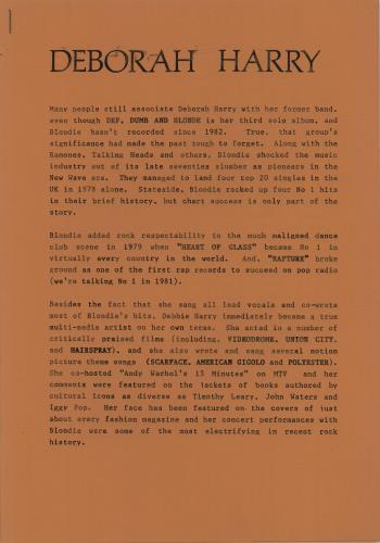 Debbie Harry Def, Dumb, & Blonde media press pack UK DEBPPDE681389