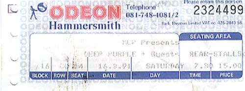 Deep Purple Odeon Hammersmith concert ticket UK DEETIOD349619