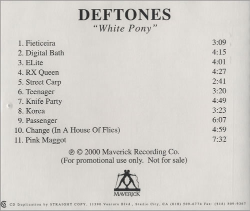 Deftones White Pony - 11-track CD-R acetate US DFTCRWH159950
