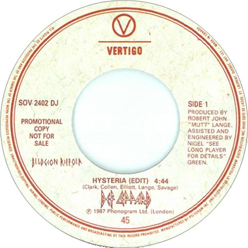 Def Leppard Hysteria Canadian Promo 7" vinyl single (7 inch record / 45