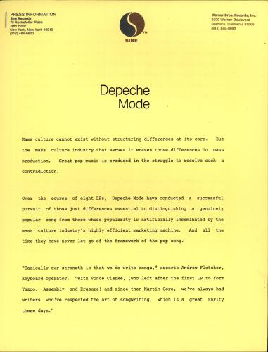 Depeche Mode 101 - One O One media press pack US DEPPPON06483