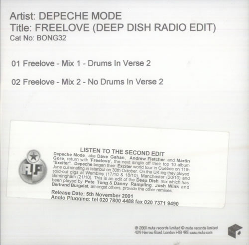 Depeche Mode Freelove (Deep Dish Radio Edit) CD-R acetate UK DEPCRFR201006
