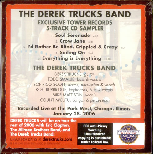 Derek Trucks Songlives Live - 5-Track CD Sampler CD single (CD5 / 5") US DX5C5SO525880