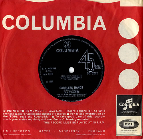 Des O'Connor Careless Hands - Solid Centre 7" vinyl single (7 inch record / 45) UK DSO07CA589877
