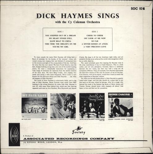 Dick Haymes Dick Haymes Sings With The Cy Coleman Orchestra vinyl LP album (LP record) UK DSVLPDI774585