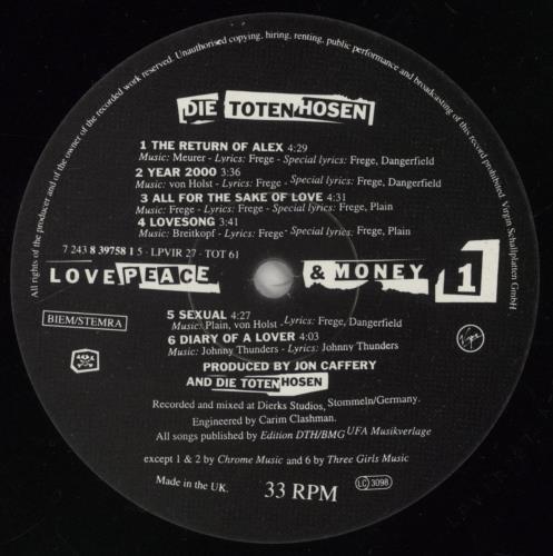 Die Toten Hosen Love, Peace & Money vinyl LP album (LP record) UK DTHLPLO861044