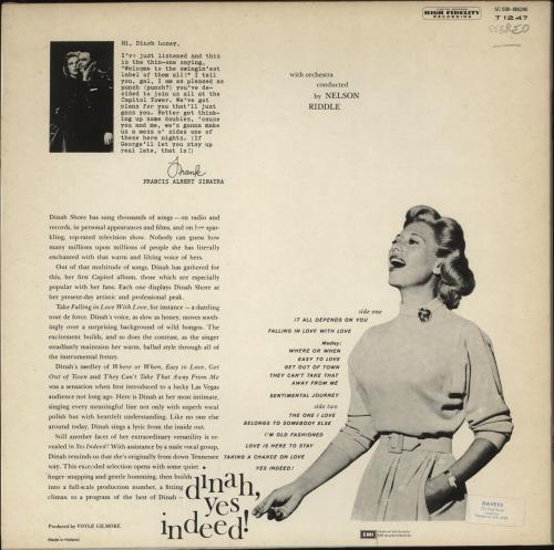 Dinah Shore Dinah, Yes Indeed! vinyl LP album (LP record) UK D~SLPDI879845
