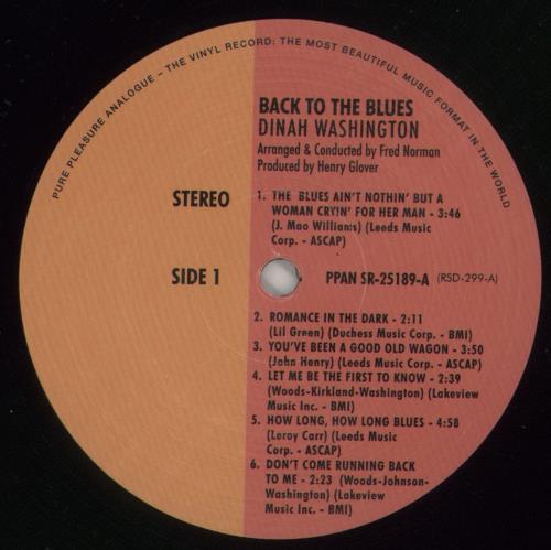 Dinah Washington Back To The Blues - 180 Gram Vinyl vinyl LP album (LP record) UK DNHLPBA864518