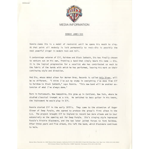 Dio Holy Diver media press pack US DIOPPHO463670