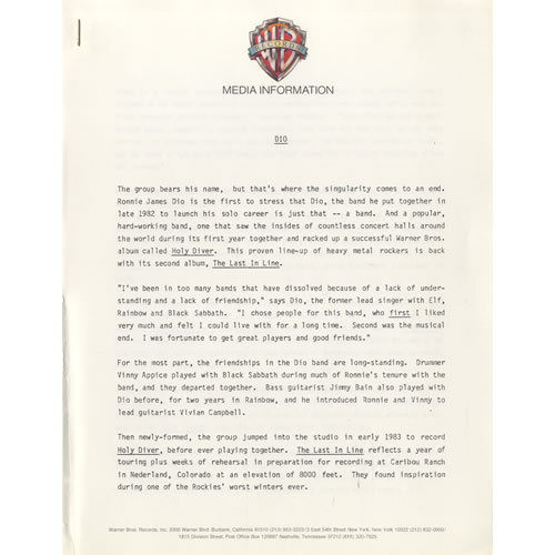 Dio The Last In Line media press pack US DIOPPTH463673