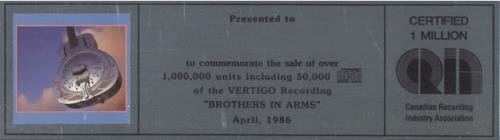 Dire Straits Brothers In Arms award disc Canadian DIRAWBR430264