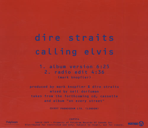 Dire Straits Calling Elvis CD single (CD5 / 5") Canadian DIRC5CA02434