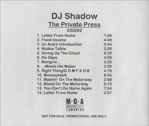 DJ Shadow The Private Press CD-R acetate US D.SCRTH463268